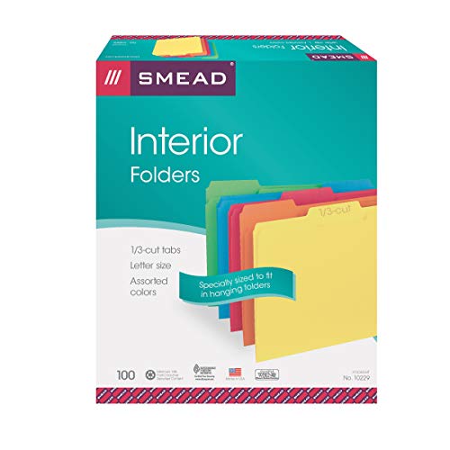 Smead Interior File Folder, 1/3-Cut Tab, Letter Size, Assorted Primary Colors, 100 Per Box (10229) #TOP4