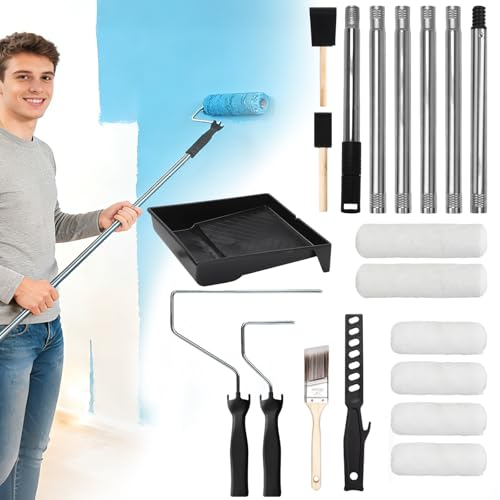 Qivine Kit de Rouleau Peinture avec Tige Télescopique, 20 Pièces Petit Rouleau Peinture Kit, Rouleau de 9 inch avec Pinceau, Kit Peinture Mur pour Peindre...
