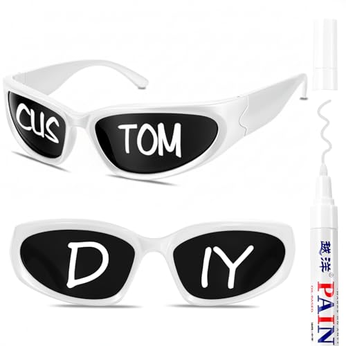 Flutesan 1 Pcs Personalized Y2k Wrap Around Sunglasses with 1 Marker for Adult DIY Rapper Glasses Costume Accessories(2 Pcs White)