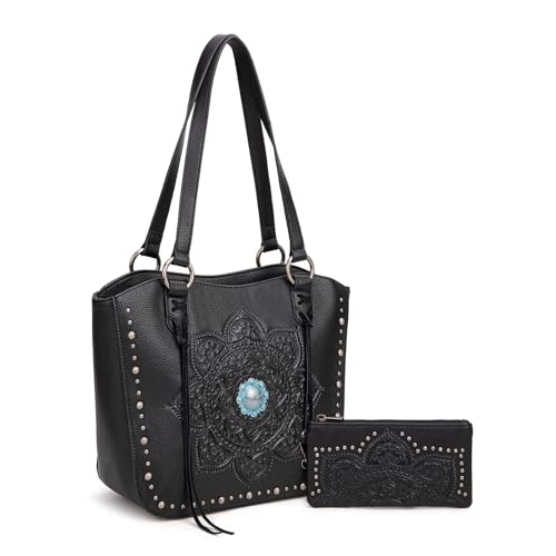 Image of Montana West Western Tooling Tote Bag with Wallet Set for Women Vintage Studded Top Handle Shoulder Handbag