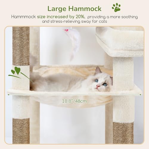 Image of Globlazer Extra Large Platform Cat Tree, 65in Tall Sturdy Cat Tree for Indoor Cats Large Adult, Big Cat Tower for Big Cats with 3 Enlarged Perches, 6 Scratching Posts, Cat Condo, Hammock, S65, Beige