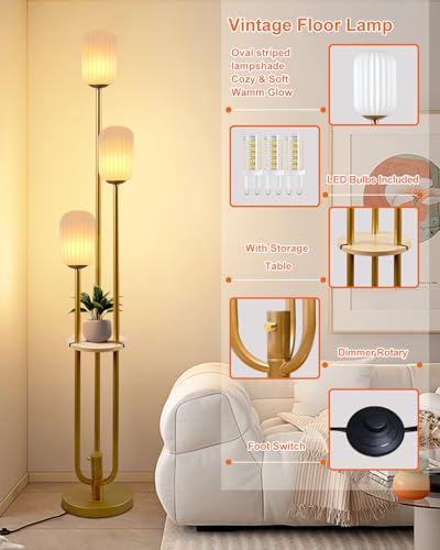 Image of Lightdot Dimmable Floor Lamp with Shelf Modern Gold Tall Floor Lamps with Oval Striped Lampshade for Wedding /Party 3000K Bulb Included 3-Lights Standing Lamp for Living Room /Sofa Beside /Corner Decor