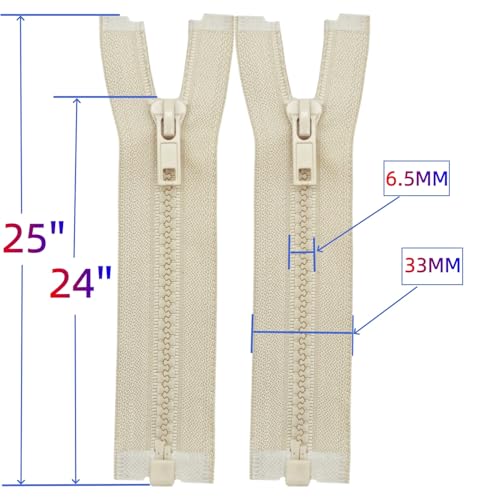 Image of MebuZip 2PCS #5 24 Inch Separating Jacket Zippers Resin Zipper Molded Plastic Zippers Bulk for Sewing Coat Jackets Clothes (Beige)