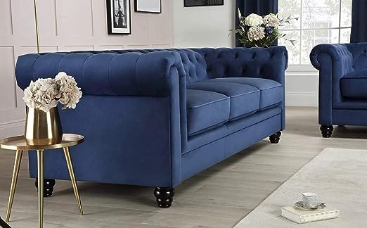 Image of 5 Seater Luxury Chesterfield Sofa in Velvet for Living Room & Dining Room (100% Teak Wood) (Blue)