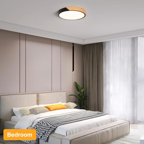 Image of Modern LED Ceiling Light, Minimalist Wood Flush Mount Ceiling Light Fixture, 4000K Not Dimmable, Circle Lighting Lamp with Acrylic Lampshade for Bedroom Laundry Room Hallway (Black,11.8 inch)