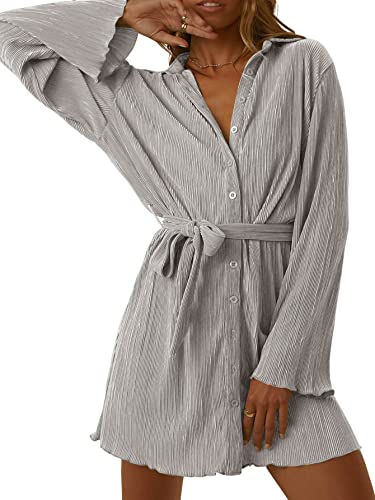 LYANER Women's Collar V Neck Button Down Pleated Long Sleeve Mini Shirt Dress with Belt4