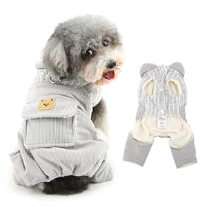 Ranphy Cute Pet Winter Outfits for Small Dog Striped Fleece Jacket Vest Corduroy Overalls Puppy Jumpsuit Sleeveless Pocket Yorkie Chihuahua Warm Clothes with Leash Ring Cat Clothing,Grey,XL