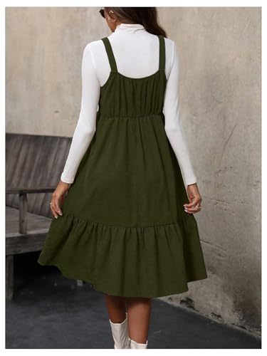 Image of WDIRARA Women's Button Front Sleeveless Ruffle Hem Pinafore Dress Corduroy Jumper Dress