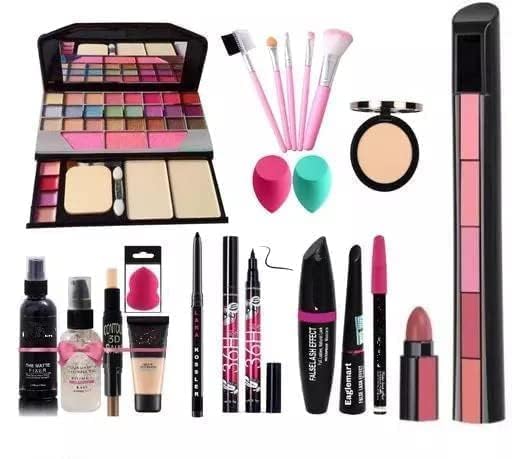 Makeup Kit with 5 Pink Brushes | 36 H Eyeliner | Kajal | Lipstick | Fixer | Primer | Contour | Foundation & 3 Makeup Puffs (Pack of 20)