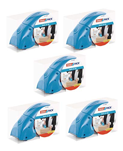 tesapack Abroller Pack' n' Go - Ergonomischer, blauer Handabroller für Paketbänder - Inklusive 50 m x 48 mm Klebeband (5 Abroller)