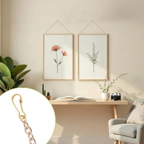 Image of Picture Hanging Kit with 8Pcs Picture Hanging Chains & 20Pcs Small Hooks, Heavy Duty Metal Display Chain for Photo Frames Artworks Mirror(Gold,50CM)