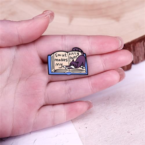 Image of Smut Makes My Kitty Purr Enamel Pin Kawaii Cat with Book Lapel Pin for Book Lovers Cartoon Animal Collar Pin Cat Enamel Pin Book Lover Reader Student Bookworm Brooch