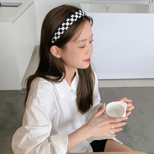 Capiant 2 Pack Checkerboard Headbands Black And White Headbands Checkered Padded Headband Sponge Puffy Headband thumb #2