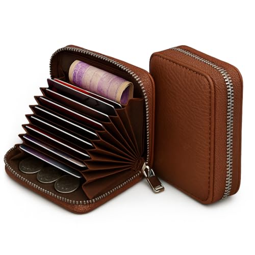 Image of VEMILIO Vegan Leather Zipper Wallet for Men & Women | 9 Card Slots | 2 Cash Compartments | Stylish Slim Credit Card Holder Purse | Travel Friendly Compact Wallet Gift for Boys Girls (Brown)