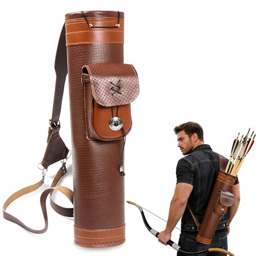 TOPARCHERY Traditional Shoulder Back Quiver Bow Leather Arrow Holder with Large Pouch Handmade Straps Belt Bag Brown