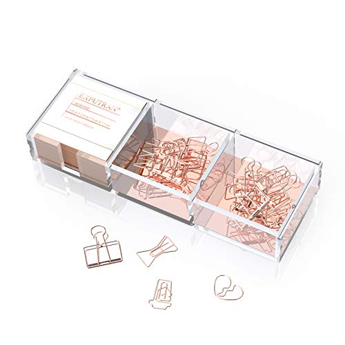 EXPUTRAN Acrylic and Rose Gold Base Note HolderPaper Clips Holder for Desk330 Sheets Cube Memo Pad and 15 Creative Paper Clips per 3 Compartments Desktop Organizer