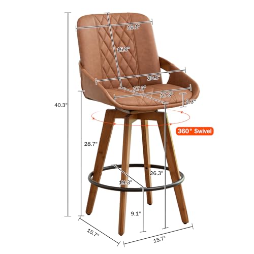 Image of Counter Stools Set of 2, Mid Century Modern Retro Swivel Bar Chairs, Furniture with Curved Back, Faux Leather Upholstered and Walnut Wood Frame for Bar /Pub /Island (Brown, 26.3 inch-2 PCS)