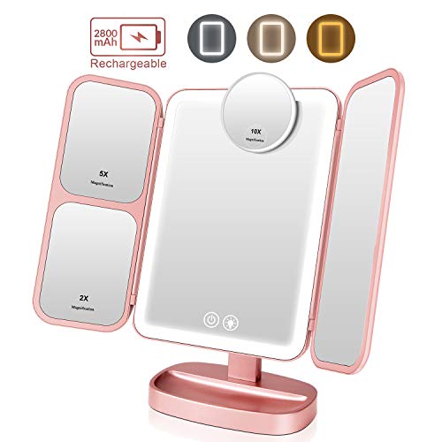 EASEHOLD Makeup Mirror Vanity 66 LEDs Lighted Rechargeable 3 Color Lighting Modes Adjustable with 2x/5x/10x Magnifying 180 and 90 Degree Rotation for Countertop Cosmetic Magnification Trifold