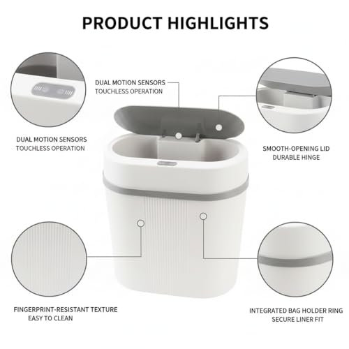 Image of Owme Motion Sensor Smart Trash Bin For Home 15L | Motion Sensor Open-Top Bin Lid | Durable Odor Control Covered Waste Trash Can | Smart Automatic Garbage Dustbin with Large Capacity - GREY