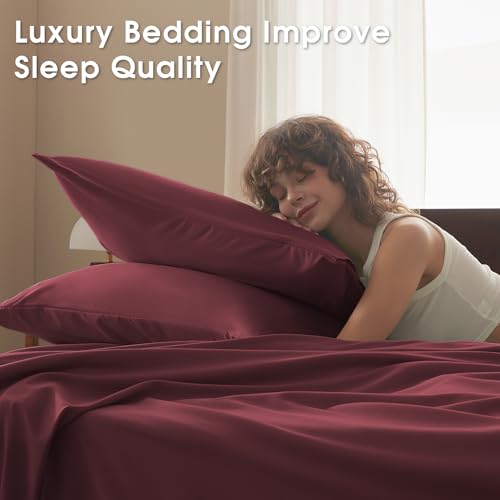 Image of Cal King 4 Piece Sheet Set - Comfy Breathable & Cooling Bed Sheets Set, Soft and Wrinkle Free, Deep Pockets, Easy & Secure Fit, Hotel Luxury Bedding - Oeko-Tex - Burgundy