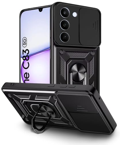 Image of WOW IMAGINE Tough Armor Bumper Mobile Back Case for Realme C83 5G | Realme Narzo 100 Lite 5G | Realme P4 Lite 5G | Sliding Camera Cover | Hybrid PC + TPU | Ring Holder with Kickstand - Black