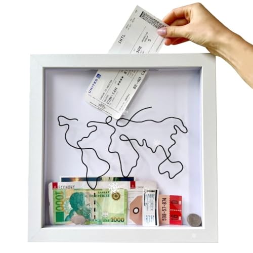 2024 Adventure Archive Box Wooden Ticket Holder Shadow Box Top Loading Display Case Frame with Slot on Top, Trave Map World Memento Frame for Plane Train Concert Tickets (12x12)