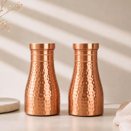 Image of Hammered Copper Bedside Pot | Pure Copper Water Vessel (Bedside Double) | Handcrafted Hammered, Copper Carafe with Lid, Ayurvedic Copper Vessel, Premium Gift Set
