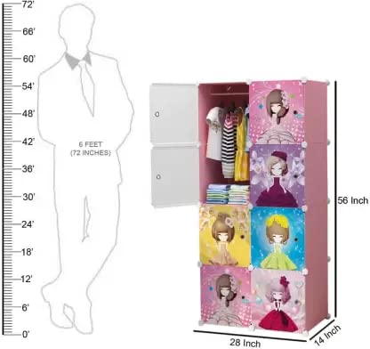 Image of Kids Plastic Collapsible Wardrobe Organizer for Storage | Cute Cartoon Design | Heavy Duty Cloth Organizer for Storage | Easy to Assemble | Perfect for Kids Room & Home (Pink)