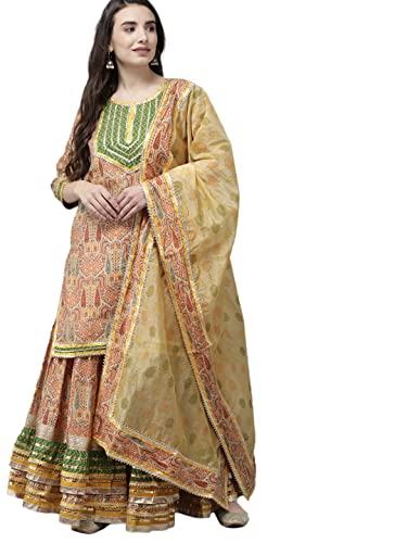 Image of ishin Women's Rayon Burgundy Embellished A-Line Kurta set With Skirt