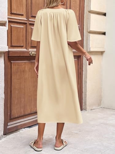 Image of Wenrine Womens Flutter Short Sleeve Maxi Dress Casual V Neck Side Slit Pleated Loose Flowy Summer Dresses