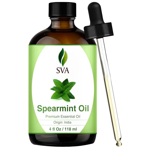 SVA Spearmint Essential Oil – 4 Fl Oz – 100% Natural Spearmint Oil - for Diffuser, Hair Care, Face, Skin Care, Aromatherapy, Scalp and Body Massage, Soap and Candle Making – with Dropper