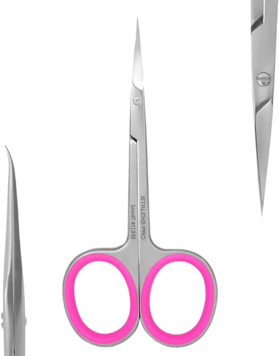 STALEKS PRO Tijera profesional para cutículas con punta de gancho. Anillos ergonómicos con siliconas desmontables. Acero inoxidable. Smart SS-41/3