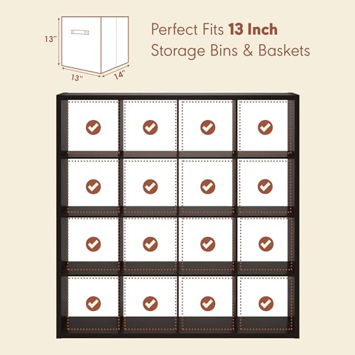 Image of Furinno Cubicle Record Player Stand, 16-Cube Record Storage, Dark Oak | Vinyl Storage, 1.2 inchInch Extra Thick, Open Back Media Shelf for CD DVD Bluray Game Disc, for Living Room, Home Office
