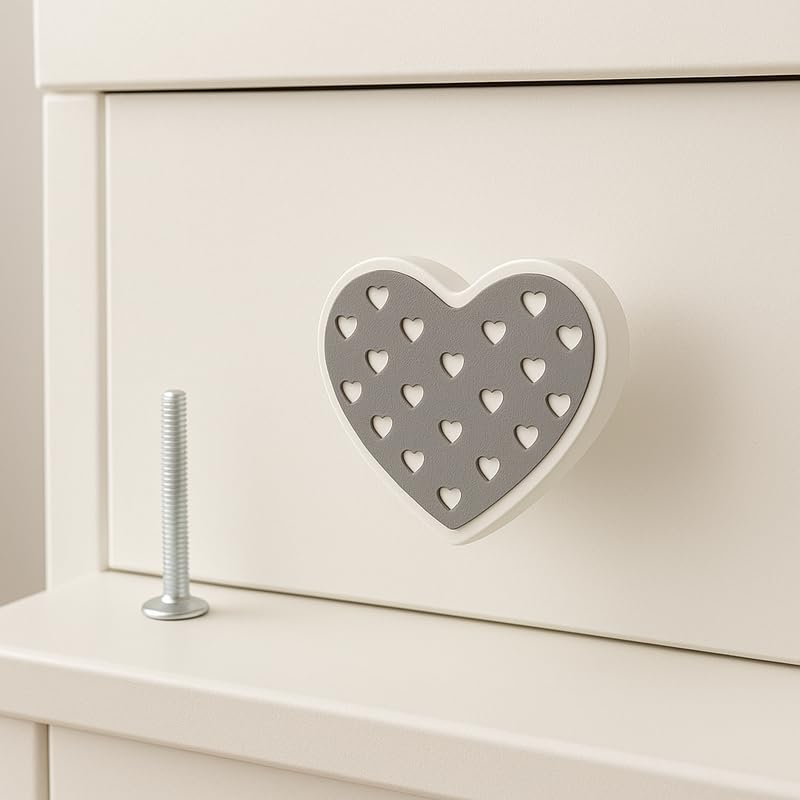 KIT 6 Pomoli in Legno a Forma di Cuore – Bianco e Tortora – Manopole per Camera Bambina, Cassetti e Armadi – Viti Incluse