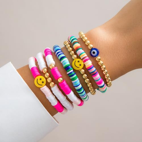 Shining Diva Fashion 7Pcs Combo Latest Stylish Beach Surfer Bracelets Set | Colorful Preppy Heishi Bracelet | Multilayer Boho Happy Smile Heart Star Stretch Beaded Bracelets | Evil Eye Stackable