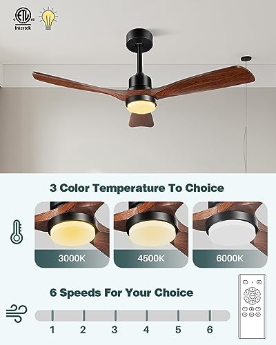 Image of Ceiling Fans with Lights and Remote, 52 Inch Outdoor Ceiling Fan for Patios Indoor with 3 Downrods, 3 Blades Modern Ceiling Fan, 6 Speed Reversible Quiet DC Motor Solid Wood Fan,52in,Walnut