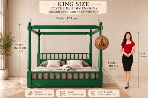 Image of Sheesham Solid Wood Allure Poster Bed for Bedroom | Handmade Wooden Cot | Elegant Four Poster King Size Bed Frame (Green, King, Allure with Storage)