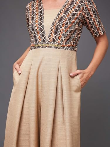 Image of Miss Chase Women's Square Neck Half Sleeve Geometric Pleated Silk Jumpsuit with Pockets