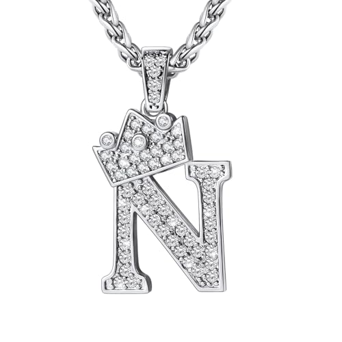U7 Crown Initial Necklace Men Women, Bling Diamond A-Z 0-9 Letter Pendant with Wheat Chain, Silver/Black/Gold Plated CZ Alphabet Number Hip Hop Jerser