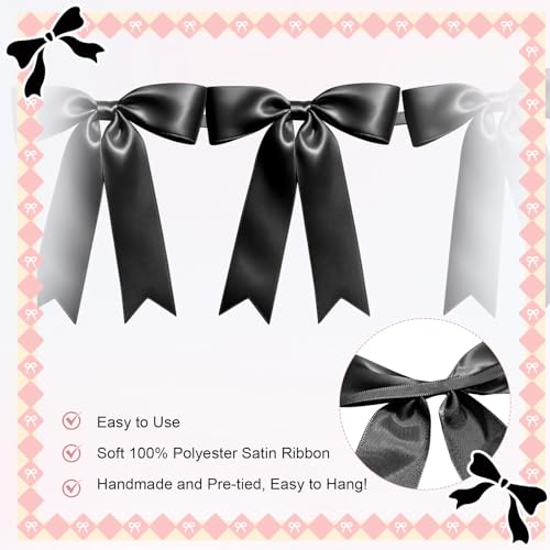 Image of 1 String of 8PCS Black Bow Garland Banner Decoration,Pre-Strung Satin Ribbon Ornaments for Birthday,Bachelorette Party,Bridal Shower,Wedding,Engagement,Baby Shower,Graduation Decor,Anniversary