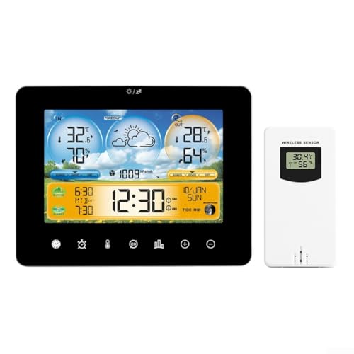 Monitor meteorológico digital moderno con control táctil fácil de usar; mediciones precisas del clima en interiores y exteriores junto con datos de luz solar