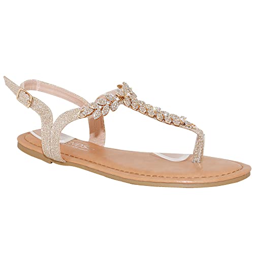 Trendsup Collection Womens T-Strap Buckle Flats Sandals (9, Champagne Glitter) #TOP1