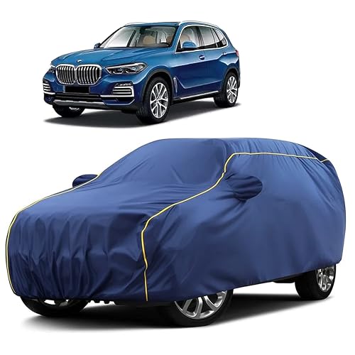 Image of Sulfar 100% Water Resistant Car Body Cover Compatible with Mirror for BMW X5 (Triple Stitched, Full Bottom Elastic, Blue Taffeta with Yellow Piping)