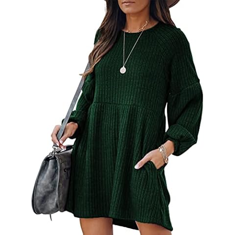 waliwoli Women's Casual Knitted Dress Long Sleeve Crewneck Loose Knit Jumper Dress High Waist Mini Dress with Pockets, Dark Green, S Cover