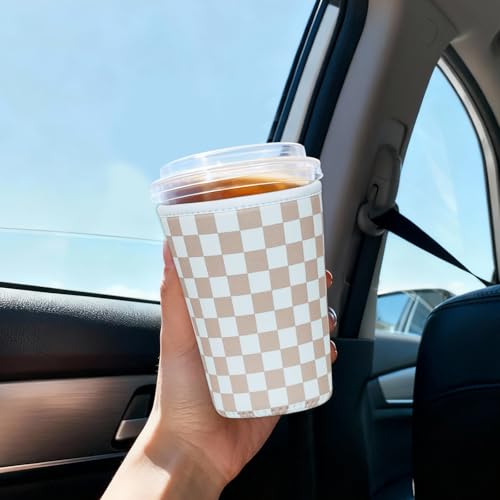Image of Reusable Insulated Sleeve for Iced Coffee Cup, Coffee Neoprene Sleeve for Cold & Hot Drinks, Beverage Holder for Iced Coffee (Classic Checker, Medium: 22-24oz)