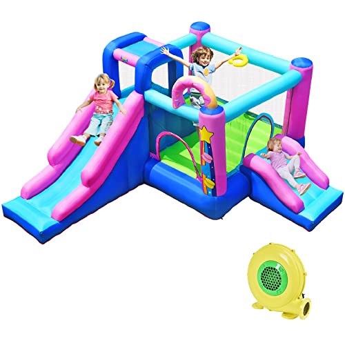 BOUNTECH Inflatable Bounce House, 5 In 1 Kids Jumper Bouncer with Slides, Jumping Area, Climbing Wall, Basketball Rim, Bouncy House for Kids, Including Carry Bag, Stakes, Repair (with 480W Air Blower)