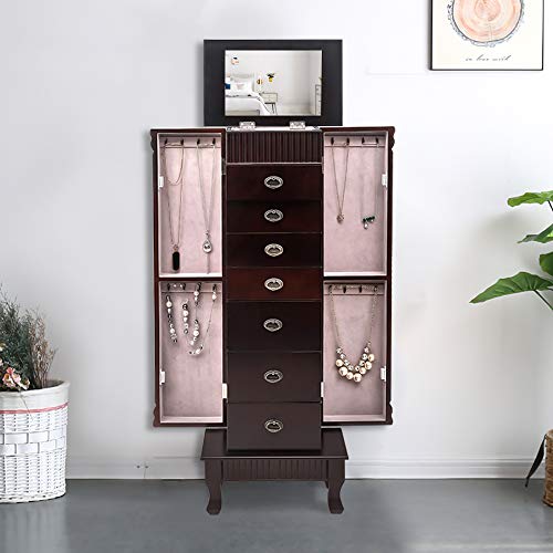 Karl Home Large Standing Jewelry Armoire with 7 Drawers & 2 Swing Doors, 16 Hooks & Top Mirror, Dark Brown