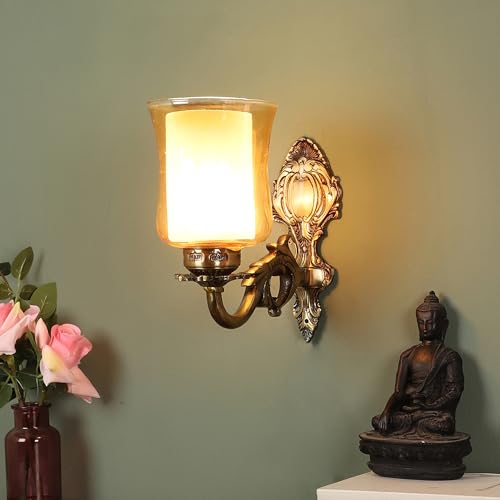 Image of ELIANTE Antique Brass Metal Wall Light with Glass Shade - Vintage Decorative Wall Lamp for Living Room Bedroom Hallway Dining Decor | 3 Years Warranty | Free - LED LAMP