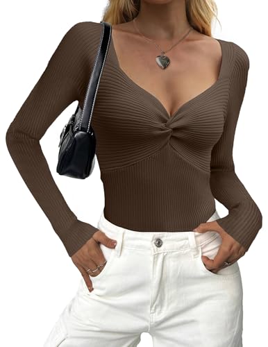 Image of Zeagoo Sweaters for Women Fall Long Sleeve V Neck Sexy Ribbed Knit Sweater Slim Fit Solid Basic Casual Tops