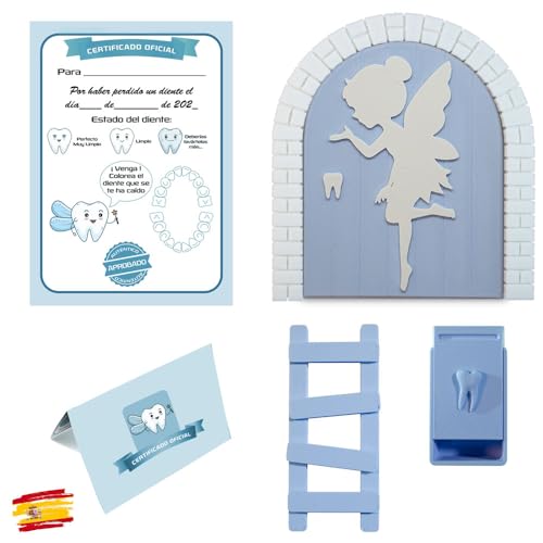 Myfuturshop® Hada de los dientes Puerta mágica + Caja para el Diente + Escalera + 4 certificados de Diente Limpio. Regalo Original para niño y niña. (AZUL)
